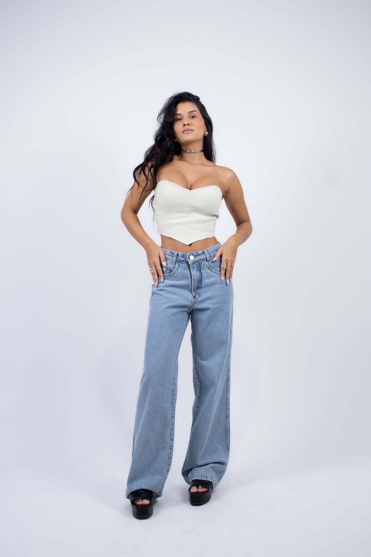 Calça Wide Leg em Jeans Denim